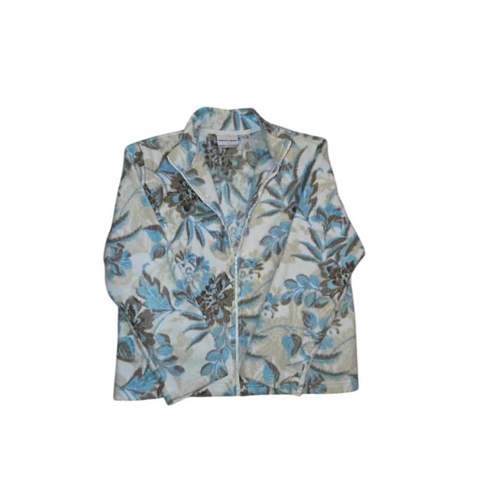 Alfred Dunner Petite PM Fleece Jacket Blue Tan‎ Floral Full Zip Mock Neck N0452